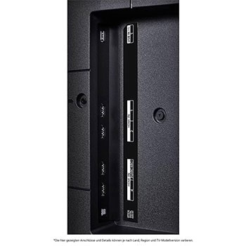 Detaillierte Nahaufnahme der seitlichen Anschlüsse des LG QNED MiniLED AI QNED89 4K Smart Fernsehers, zeigt HDMI 1-4 und CI-Slot.
