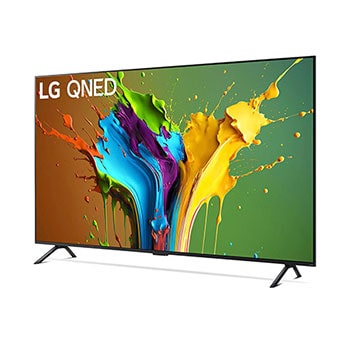 LG QNED MiniLED AI QNED89 4K Smart Fernseher aus einer leichten vorderen rechten Perspektive, zeigt Bildschirm und zentralen Standfu?.