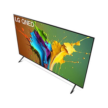 Ansicht des LG QNED MiniLED AI QNED89 4K Smart Fernsehers aus hoher Perspektive, von oben auf Bildschirm und zentralen Standfu? blickend.