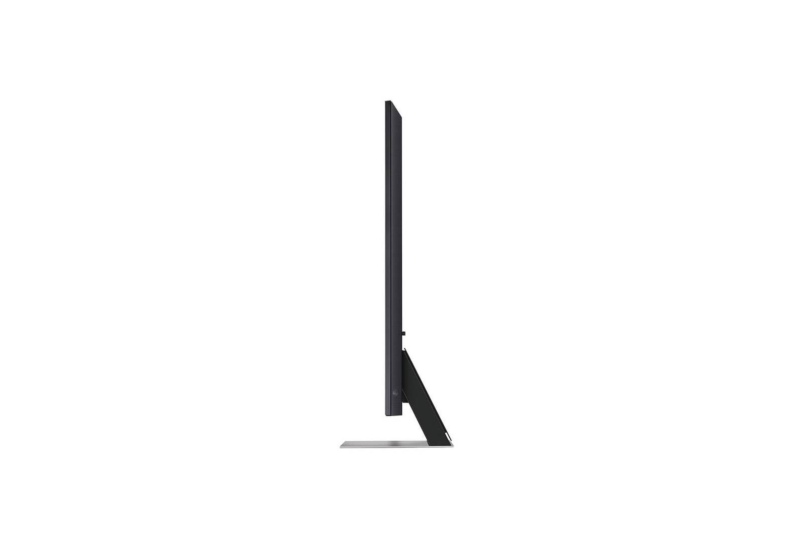 Linke Seitenprofilansicht des LG QNED MiniLED AI QNED91 4K Smart Fernsehers, die sein schlankes Design und die Form des zentralen Standfu?es hervorhebt.