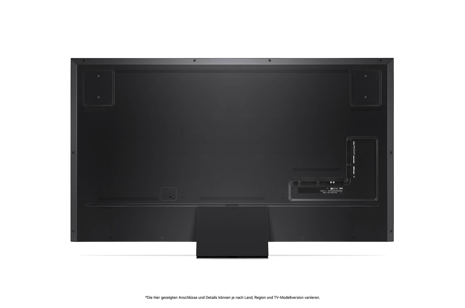 Rückansicht des LG QNED MiniLED AI QNED91 4K Smart Fernsehers, zeigt das Design der Rückseite, Anschlüsse und die zentrale Standfu?verbindung.