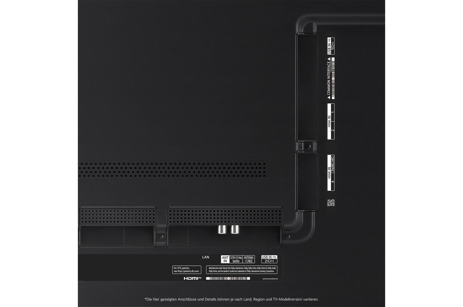 Nahaufnahme der Anschlüsse des LG QNED MiniLED AI QNED91 4K Smart Fernsehers, einschlie?lich Zugang zu HDMI, USB und Antenne.