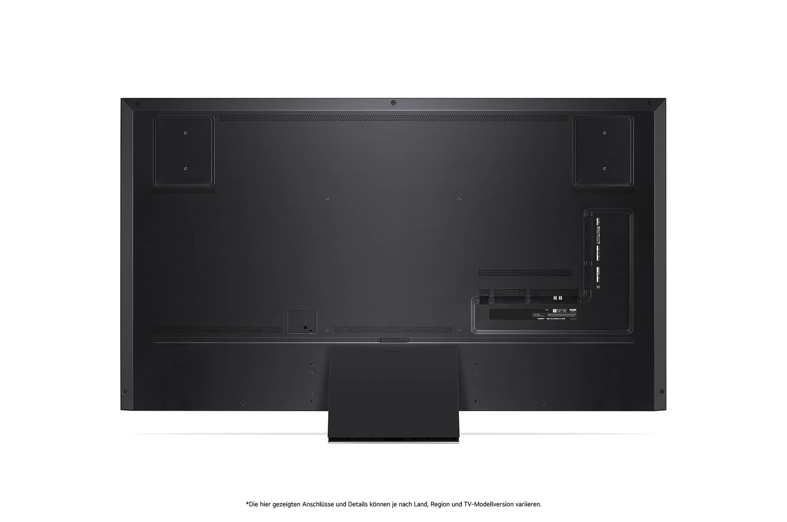 Rückansicht des LG QNED MiniLED AI QNED91 4K Smart Fernsehers, zeigt das Design der Rückseite, Anschlüsse und die zentrale Standfu?verbindung.