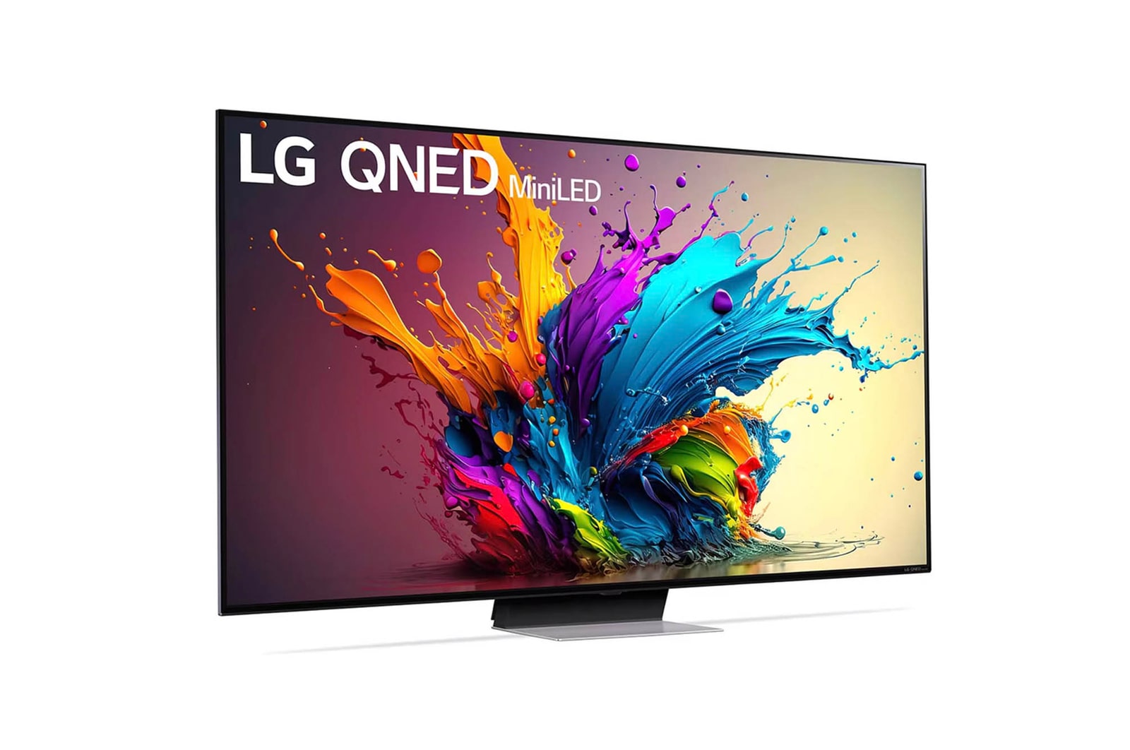 LG QNED MiniLED AI QNED91 4K Smart Fernseher aus einer vorderen linken Perspektive, zeigt Bildschirm und zentralen Standfu?.