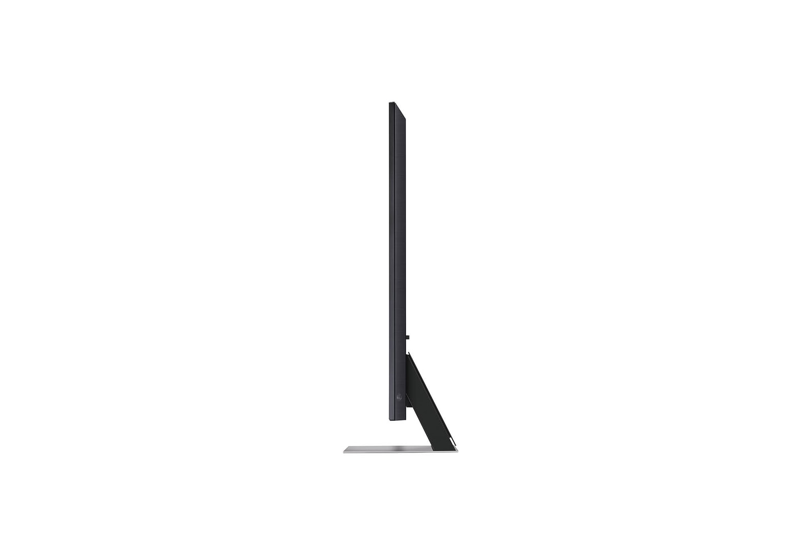 Linke Seitenprofilansicht des LG QNED MiniLED AI QNED91 4K Smart Fernsehers, die sein schlankes Design und die Form des zentralen Standfu?es hervorhebt.