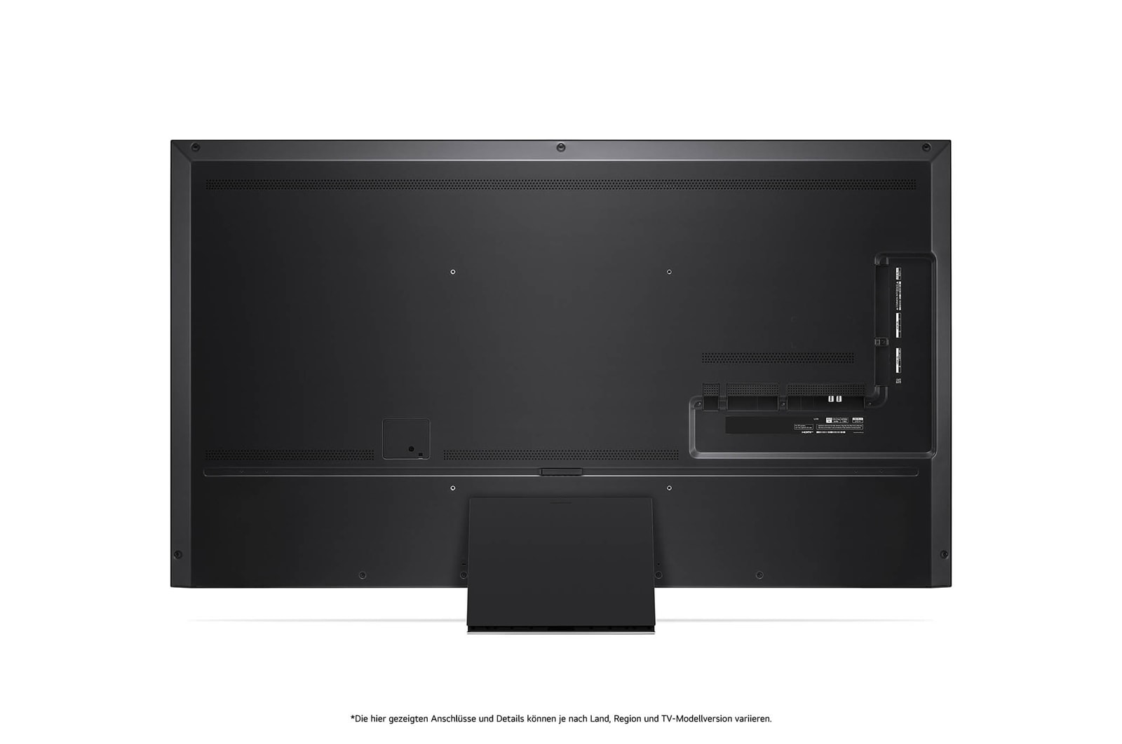 Rückansicht des LG QNED MiniLED AI QNED91 4K Smart Fernsehers, zeigt das Design der Rückseite, Anschlüsse und die zentrale Standfu?verbindung.