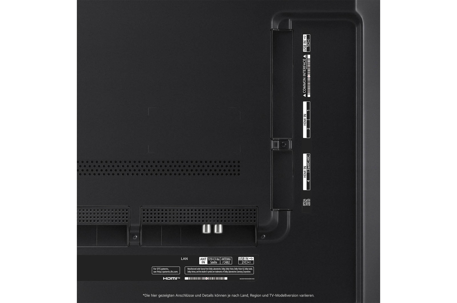 Nahaufnahme der Anschlüsse des LG QNED MiniLED AI QNED91 4K Smart Fernsehers, einschlie?lich Zugang zu HDMI, USB und Antenne.