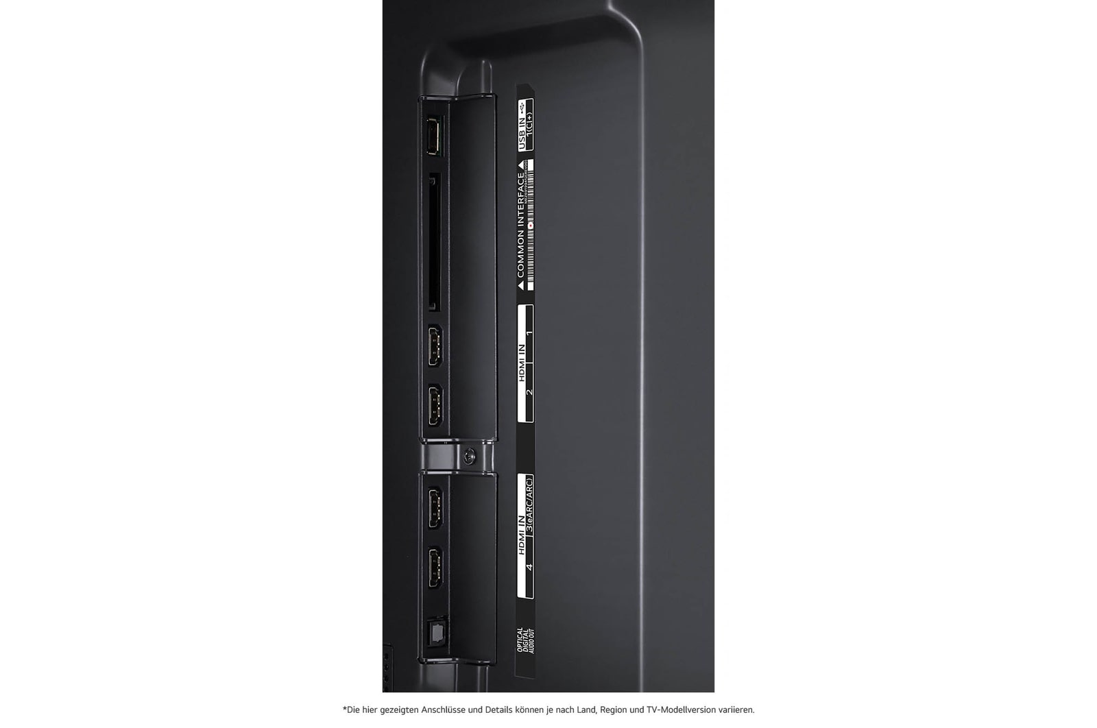 Detaillierte Nahaufnahme der seitlichen Anschlüsse des LG QNED MiniLED AI QNED91 4K Smart Fernsehers, zeigt HDMI 1-4 und CI-Slot.