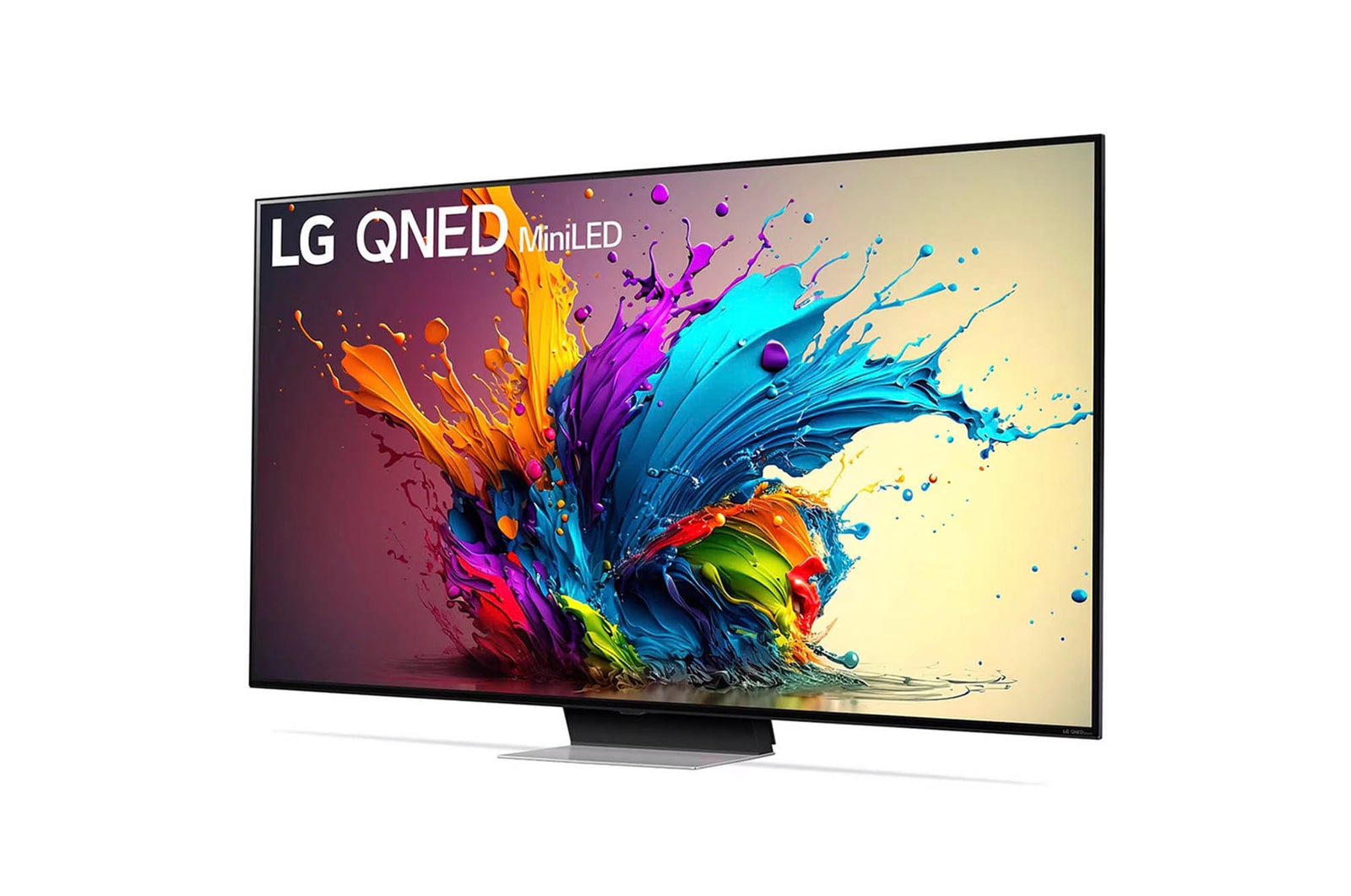 LG QNED MiniLED AI QNED91 4K Smart Fernseher aus einer leichten vorderen rechten Perspektive, zeigt Bildschirm und zentralen Standfu?.
