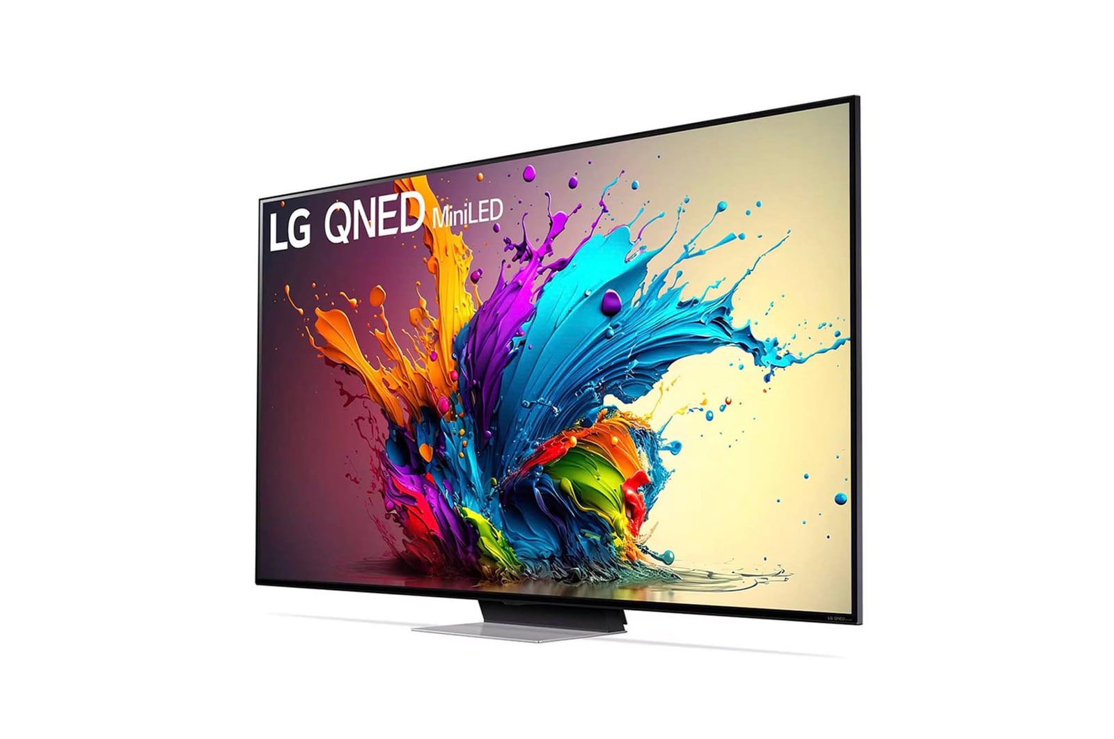 LG QNED MiniLED AI QNED91 4K Smart Fernseher aus einer st?rker angewinkelten vorderen rechten Perspektive, zeigt Bildschirm und zentralen Standfu?.