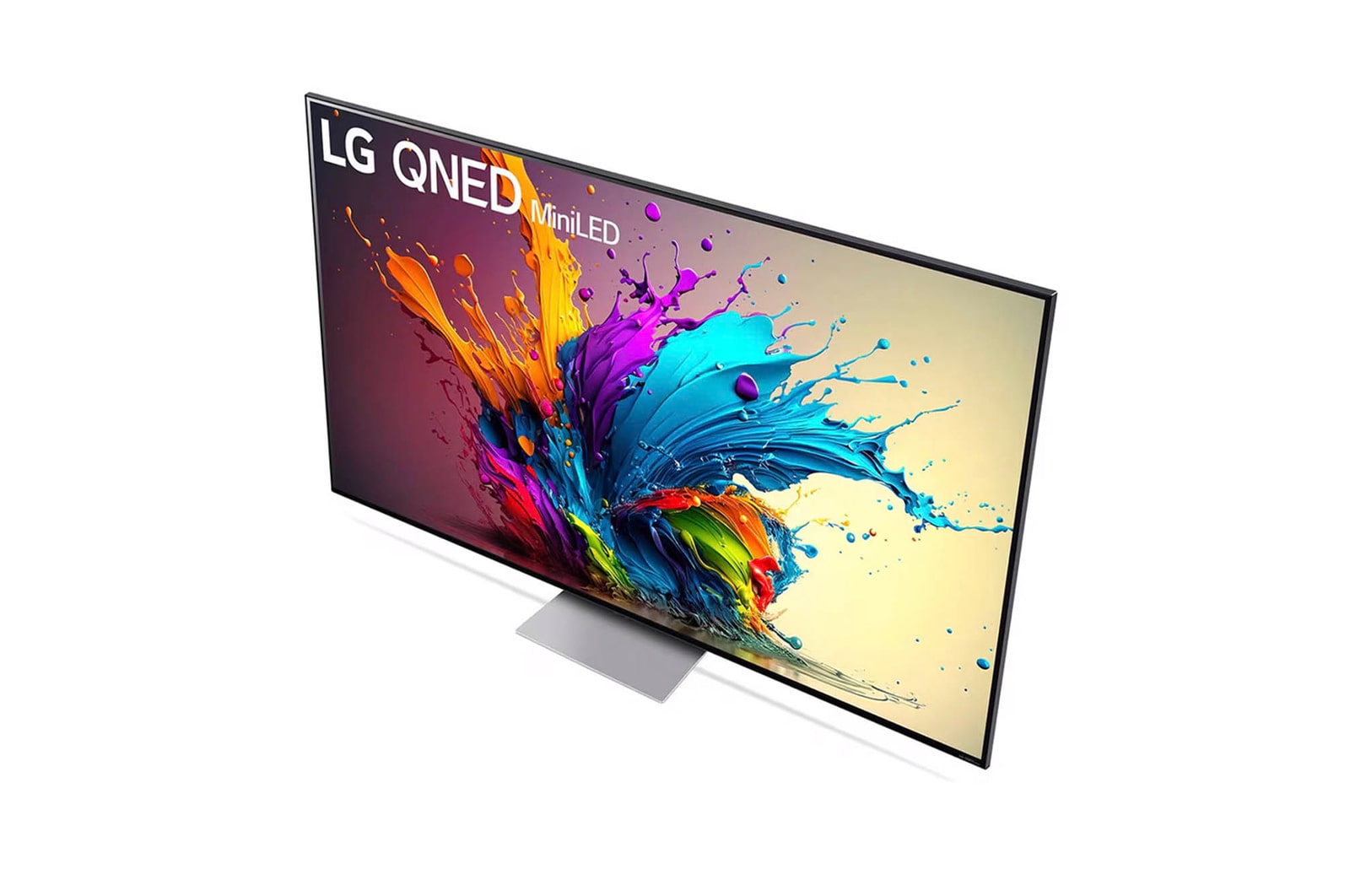 Ansicht des LG QNED MiniLED AI QNED91 4K Smart Fernsehers aus hoher Perspektive, von oben auf Bildschirm und zentralen Standfu? blickend.