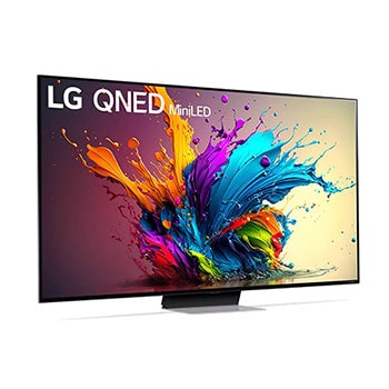 LG QNED MiniLED AI QNED91 4K Smart Fernseher aus einer vorderen linken Perspektive, zeigt Bildschirm und zentralen Standfu?.