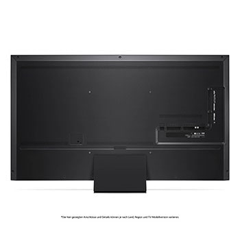 Rückansicht des LG QNED MiniLED AI QNED91 4K Smart Fernsehers, zeigt das Design der Rückseite, Anschlüsse und die zentrale Standfu?verbindung.
