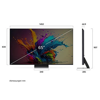 Diagramm mit Abmessungen (mm) für den 65 Zoll LG QNED MiniLED AI QNED91 4K Smart TV: B 1452, H 904, T 285. Panel-Tiefe 44,9.