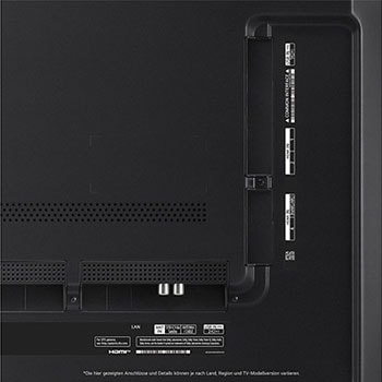 Nahaufnahme der Anschlüsse des LG QNED MiniLED AI QNED91 4K Smart Fernsehers, einschlie?lich Zugang zu HDMI, USB und Antenne.