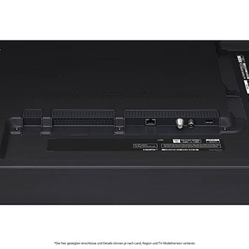 Nahaufnahme der nach unten gerichteten Anschlüsse (Optisch, LAN, Antenne) auf der Rückseite des LG QNED MiniLED AI QNED91 4K Smart Fernsehers.