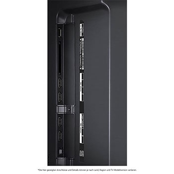 Detaillierte Nahaufnahme der seitlichen Anschlüsse des LG QNED MiniLED AI QNED91 4K Smart Fernsehers, zeigt HDMI 1-4 und CI-Slot.