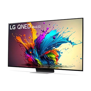 LG QNED MiniLED AI QNED91 4K Smart Fernseher aus einer leichten vorderen rechten Perspektive, zeigt Bildschirm und zentralen Standfu?.