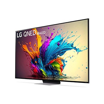 LG QNED MiniLED AI QNED91 4K Smart Fernseher aus einer st?rker angewinkelten vorderen rechten Perspektive, zeigt Bildschirm und zentralen Standfu?.