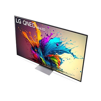 Ansicht des LG QNED MiniLED AI QNED91 4K Smart Fernsehers aus hoher Perspektive, von oben auf Bildschirm und zentralen Standfu? blickend.