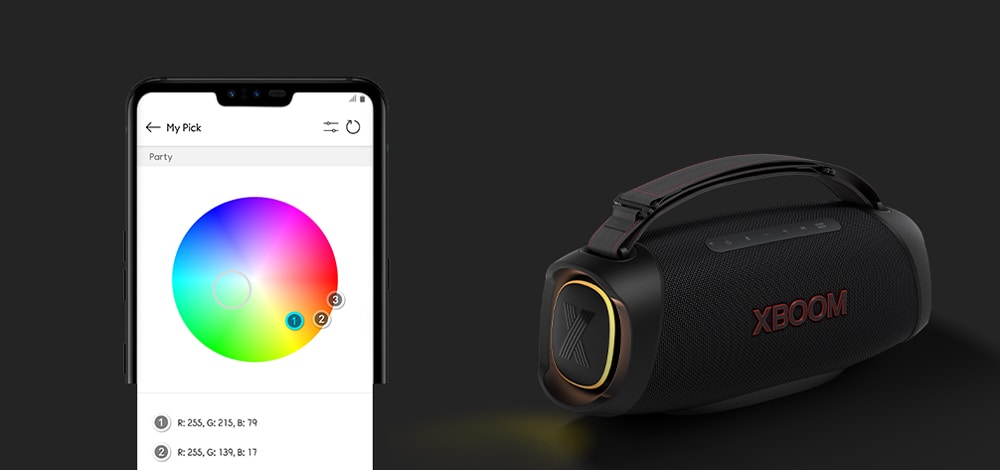 Auf der linken Seite ist die Benutzeroberfl?che ?My Style“ zu sehen. Auf der rechten Seite steht der LG XBOOM Go DXG8T mit gelber Beleuchtung auf dem Boden.