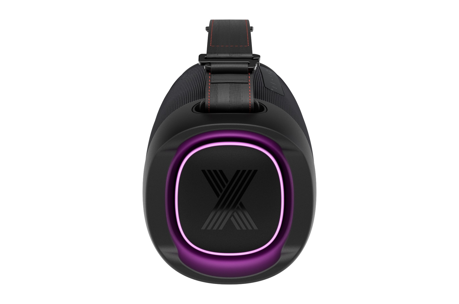 Vorderansicht des Woofers mit eingeschaltetem violetten Licht.