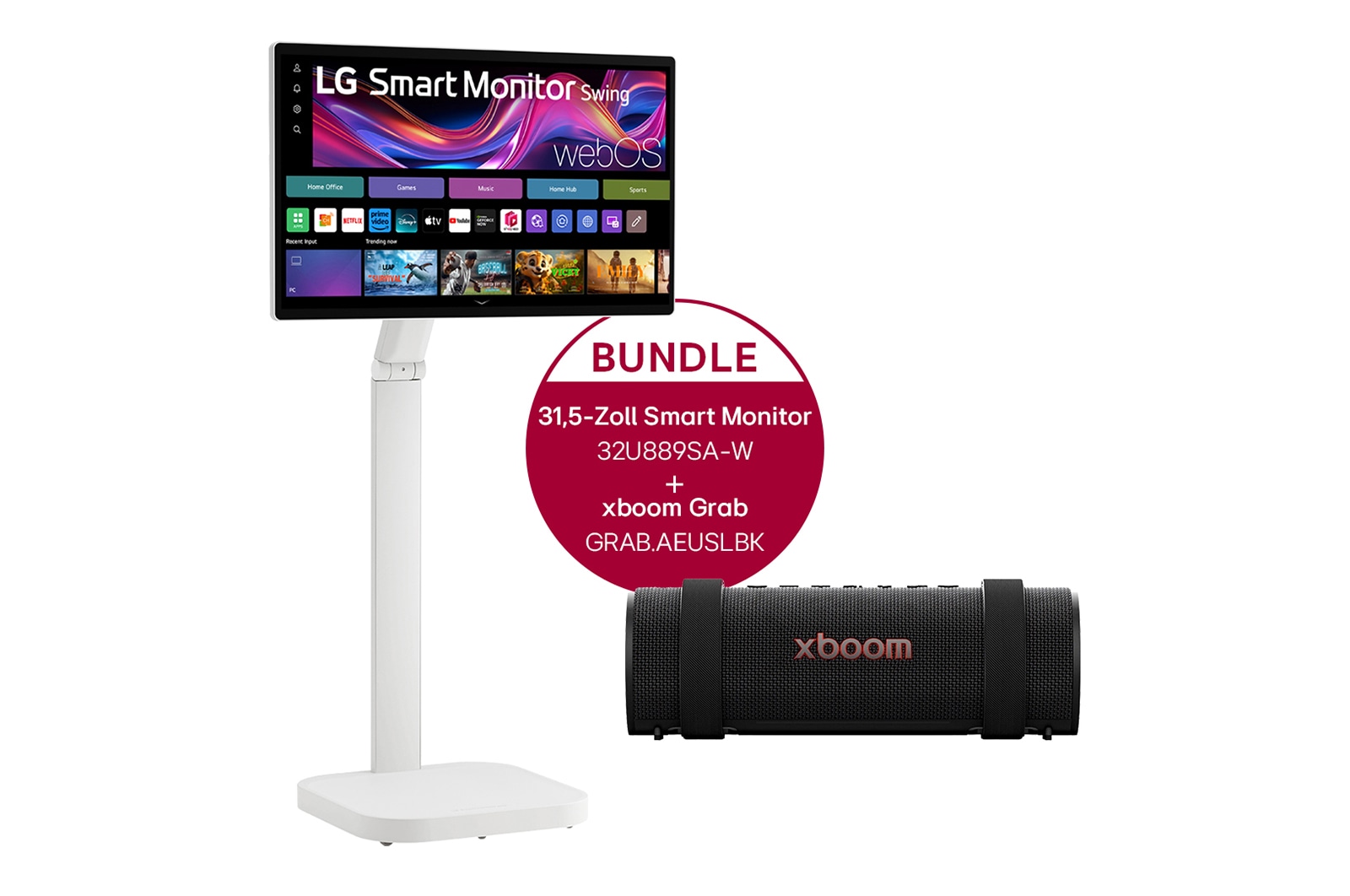 Vorderseite von 31,5-Zoll 4K UHD IPS-Smart Monitor mit Touchscreen und Standfu? mit Rollen &#43; LG xboom Grab by will.i.am | Bluetooth-Lautsprecher 32U889SA.GRAB