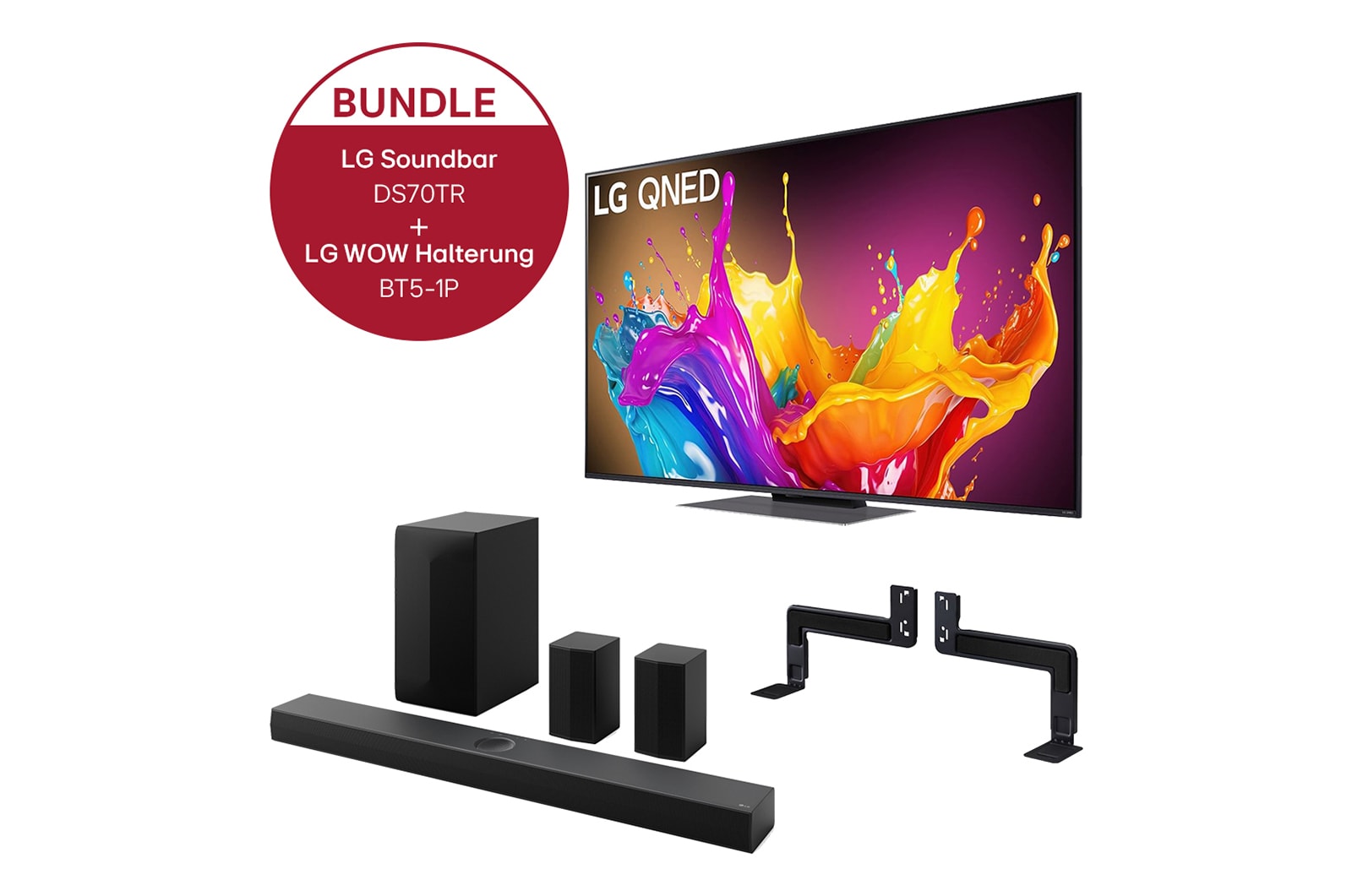 Vorderseite von 55 Zoll LG QNED86 4K Smart TV &#43; 5.1.1 Dolby Atmos Soundbar DS70TR mit 500 Watt 55QNED86T6A.DS70TR