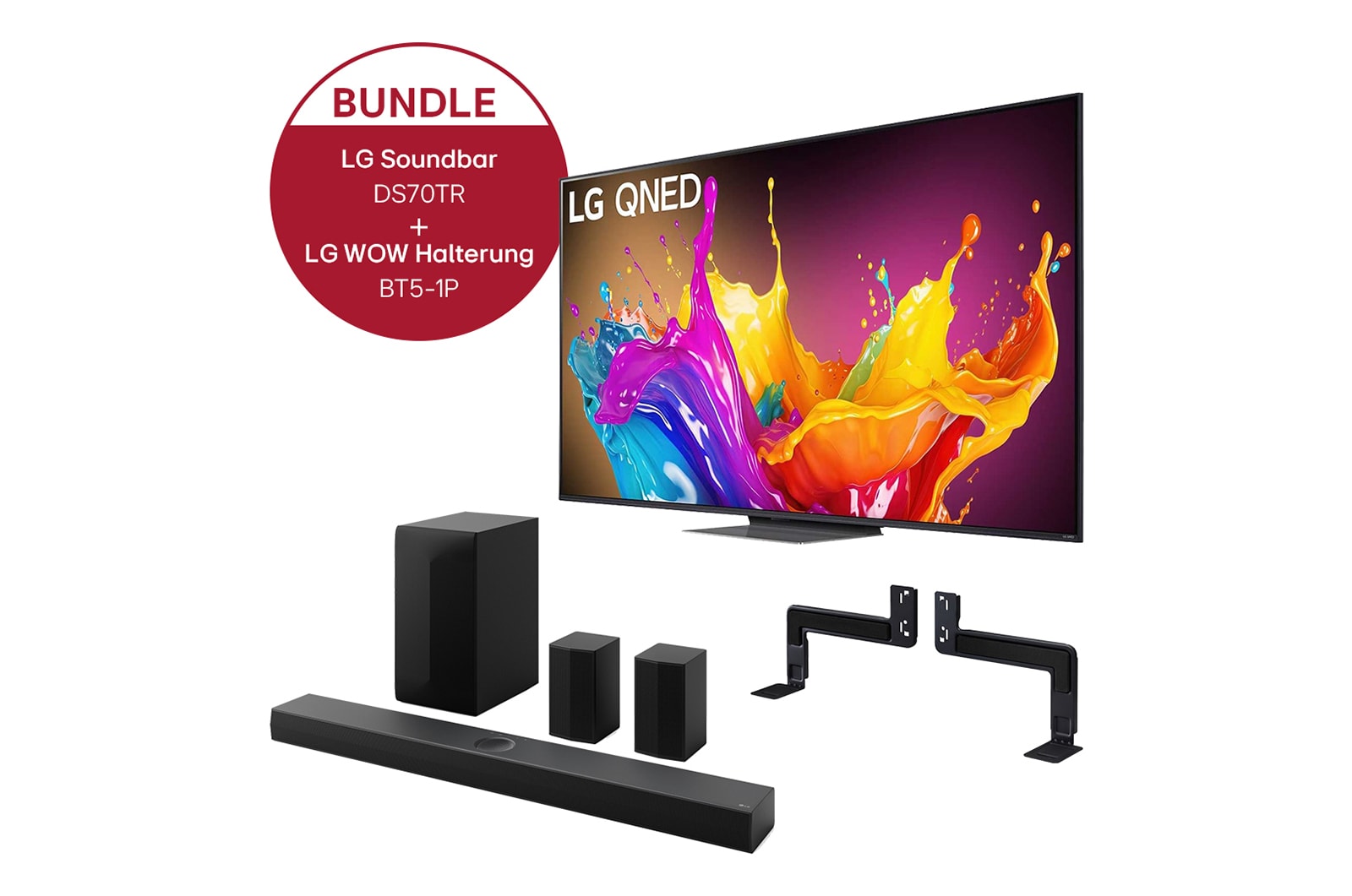 Vorderseite von 65 Zoll LG QNED86 4K Smart TV &#43; 5.1.1 Dolby Atmos Soundbar DS70TR mit 500 Watt 65QNED86T6A.DS70TR