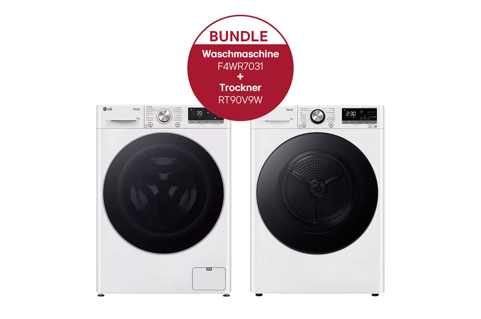 Vorderseite von Waschmaschine (13 kg, 1.400 U./Min., EEK A) mit silber Bullaugenring &#43; Trockner Wei? (9 kg, EEK A&#43;&#43;&#43;) mit Dual Inverter W?rmepumpentechnologie F4WR7031.RT90V9W