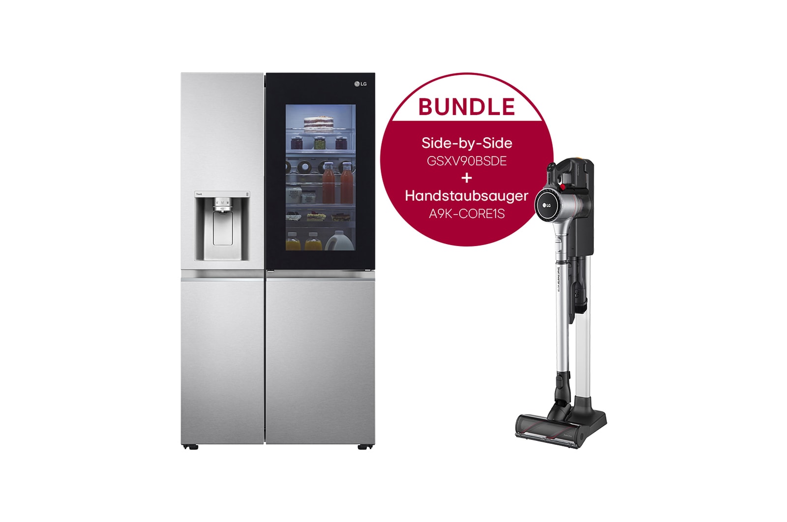 Vorderseite von Side-by-Side Kühlschrank mit InstaView Door-in-Door? (E, 635L, 179 cm hoch ) und Handstaubsauger Fantasy Silver im Set | GSXV90BSDE.CORE1S GSXV90BSDE.CORE1S