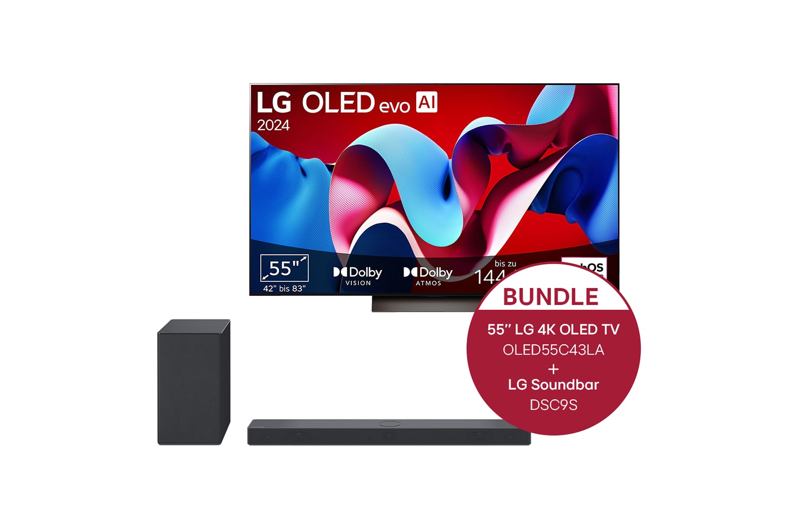 LG 55 Zoll LG OLED evo C4 4k Smart TV + 3.1.3 Dolby Atmos? Soundbar mit 400 Watt, OLED55C43LA.DSC9S
