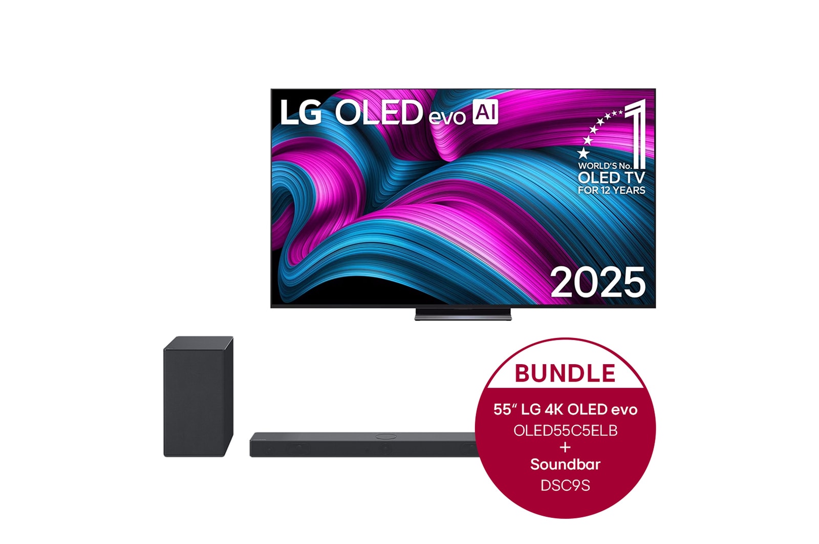 LG 55 Zoll LG OLED evo AI C5E 4K Smart TV  + 3.1.3 Dolby Atmos? Soundbar mit 400 Watt | kabelloser Subwoofer, OLED55C5ELB.DSC9S