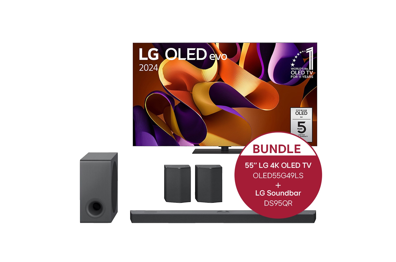 Vorderseite von 55 Zoll LG OLED evo G4 4K Smart TV &#43; 9.1.5 Dolby Atmos? Soundbar mit 810 Watt | kabelloser Subwoofer | 3-Way-Upfiring-Rücklautsprecher OLED55G49LS.DS95QR