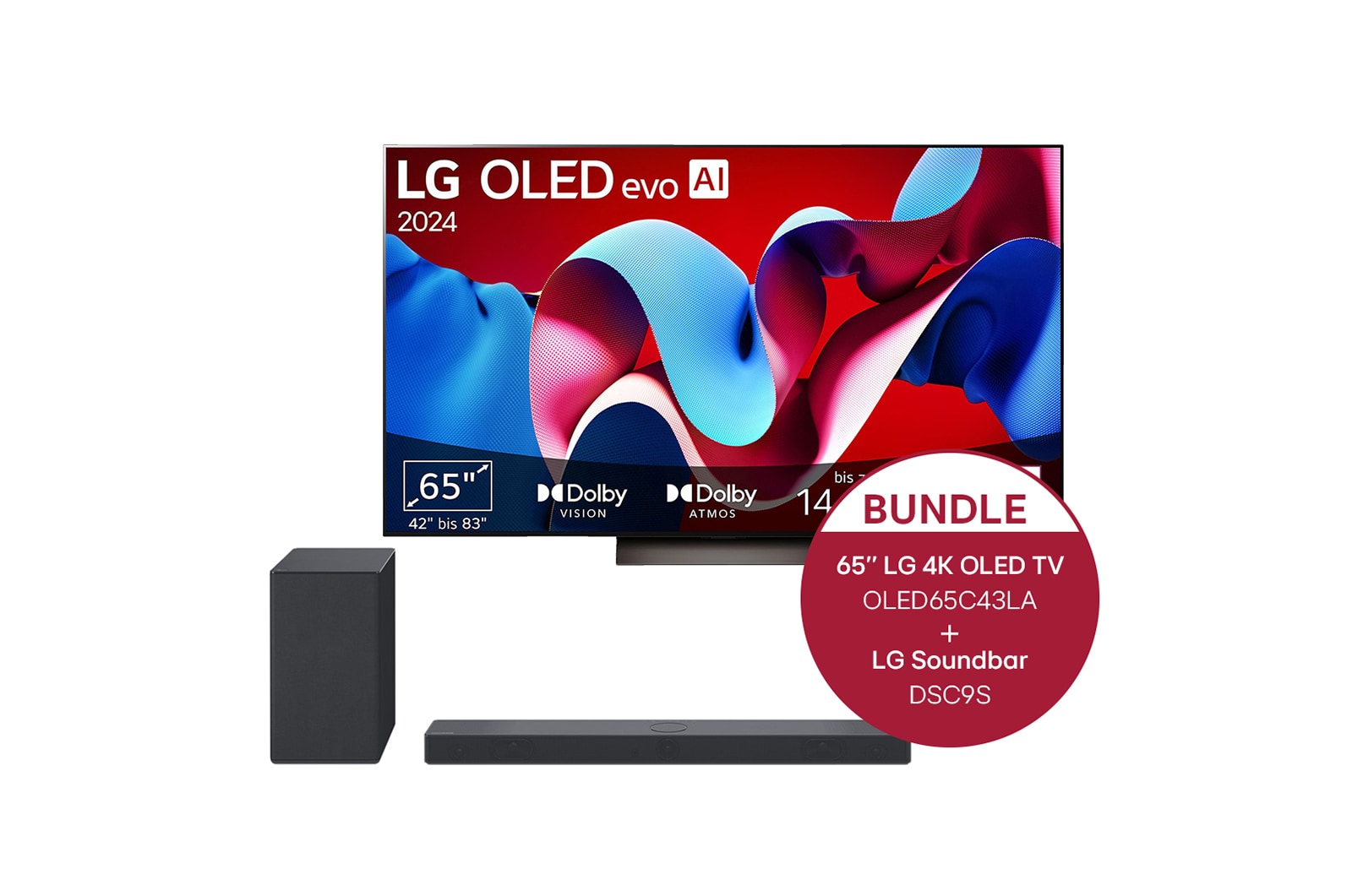 LG 65 Zoll LG OLED evo C4 4k Smart TV + 3.1.3 Dolby Atmos? Soundbar mit 400 Watt, OLED65C43LA.DSC9S