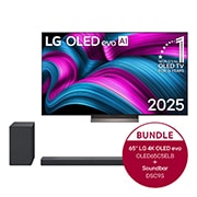 Vorderseite von 65 Zoll LG OLED evo AI C5E 4K Smart TV  &#43; 3.1.3 Dolby Atmos? Soundbar mit 400 Watt | kabelloser Subwoofer OLED65C5ELB.DSC9S