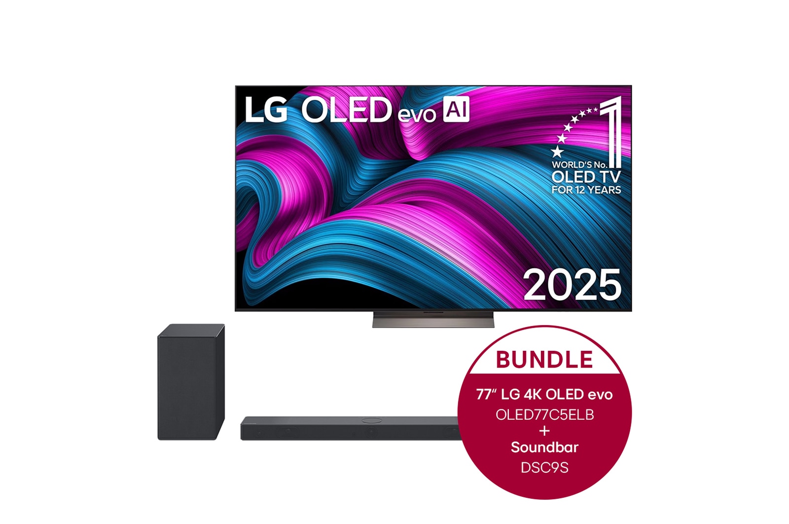 Vorderseite von 77 Zoll LG OLED evo AI C5E 4K Smart TV  &#43; 3.1.3 Dolby Atmos? Soundbar mit 400 Watt | kabelloser Subwoofer OLED77C5ELB.DSC9S