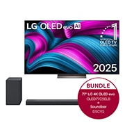 Vorderseite von 77 Zoll LG OLED evo AI C5E 4K Smart TV  &#43; 3.1.3 Dolby Atmos? Soundbar mit 400 Watt | kabelloser Subwoofer OLED77C5ELB.DSC9S