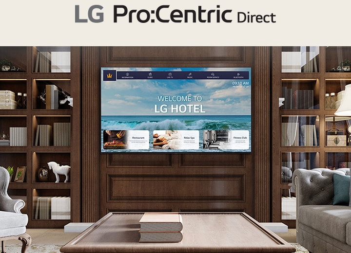 Ein luxuri?ses Hotelzimmer verfügt über einen zentralen Fernseher mit LG Pro:Centric, der den G?sten eine Begrü?ungsnachricht vermittelt.