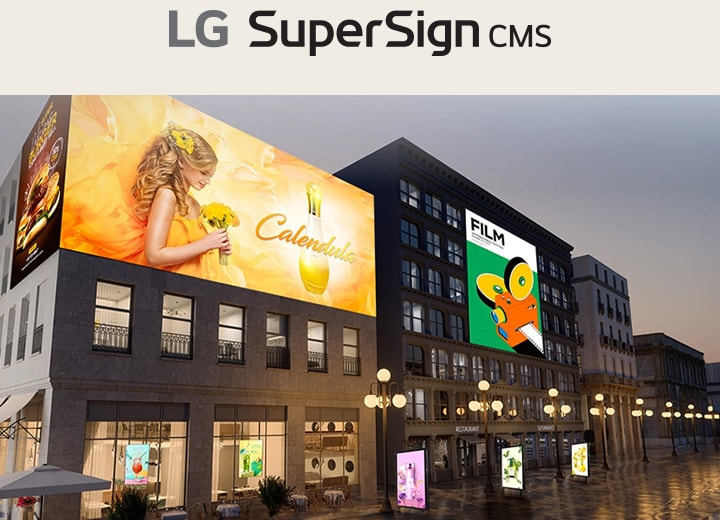 Es zeigt einen virtuellen Raum an, in dem verschiedene Arten von Beschilderungen, wie z. B. gro?e LED-Displays, fensterseitige Displays und Open-Frame-Displays, verwendet werden.