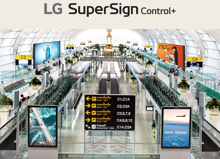 Am Flughafen werden verschiedene Arten von Beschilderungen installiert. Da die verschiedenen Displays in einem Bereich mit demselben Server verbunden sind, k?nnen sie von LG SuperSign Control+ aus überwacht und gesteuert werden.
