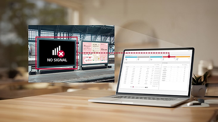 Das LG SuperSign Control+ Dashboard-Bild wird auf einem Laptop-Bildschirm angezeigt, der den Status von Beschilderungsfehlern auf der linken Seite anzeigt und Fernprüfungen direkt vom Dashboard aus erm?glicht.