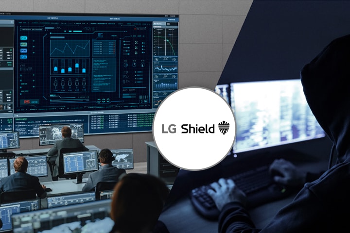 Auf der linken Seite zeigt das Bild Personen, die in einem Kontrollraum arbeiten, w?hrend die rechte Seite einen Hacker darstellt, der versucht, eine Sicherheitsverletzung zu begehen. Das LG-Shield-Logo zwischen den beiden Bildern bedeutet Schutz vor Sicherheitsverletzungen.