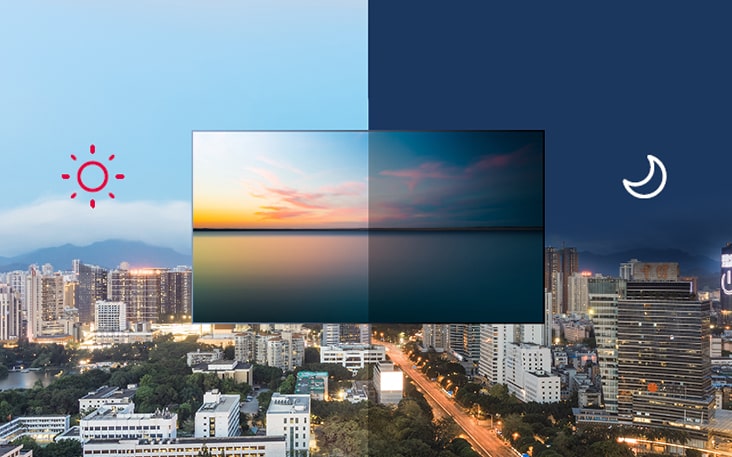 Das linke Bild zeigt ein helles Display mit einer Tagesszene, w?hrend das rechte Bild ein schwaches Display mit einer Abendszene zeigt. Dies zeigt Energieeinsparungen durch automatische Helligkeitsanpassung auf Basis der Umgebung.