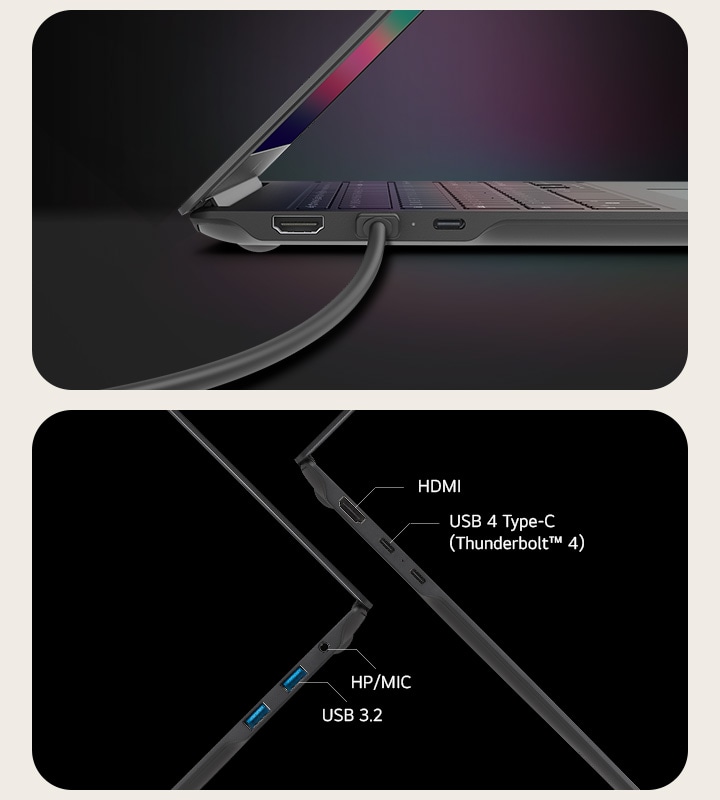 HDMI, USB 4 Type-C (Thunderbolt? 4), HP/MIC, USB 3.2.
