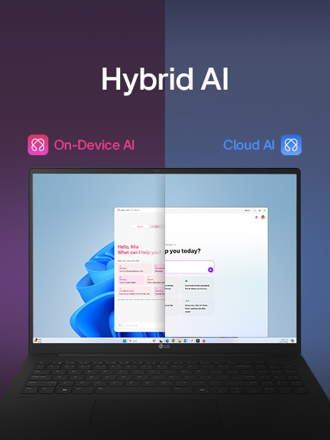 Ein Bild mit geteiltem Bildschirm, das ?Hybrid-KI“ mit zwei verschiedenen Modi zeigt: ?On-Device-KI“ auf der linken Seite, dargestellt durch ein pinkfarbenes Symbol, und ?Cloud-KI“ auf der rechten Seite, dargestellt durch ein blaues Symbol. Auf dem Bildschirm wird eine KI-Schnittstelle angezeigt, die eine nahtlose KI-Funktionalit?t in beiden Modi symbolisiert.