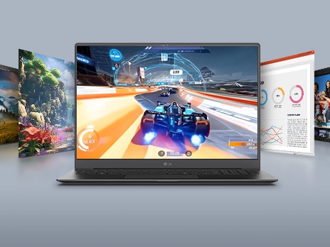 Ein Laptop, auf dessen Bildschirm eine actionreiche Fu?ballszene mit dem hervorgehobenen Text ?31–144Hz“ zu sehen ist, umgeben von weiteren Bildschirmen mit verschiedenen visuellen Darstellungen. Diese Konfiguration betont die Vielseitigkeit von Spielen und Multimedia mit einer variablen Bildwiederholfrequenz.