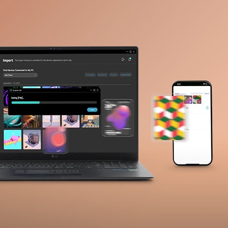 Dieses Bild zeigt einen Laptop und ein Smartphone, die drahtlos Dateien austauschen. Auf dem Laptop-Bildschirm wird eine Fortschrittsanzeige für die Dateiübertragung angezeigt, w?hrend auf dem Smartphone-Bildschirm eine Galerie der empfangenen Dateien angezeigt wird. W?hrend der übertragung erscheint ein verschwommenes, buntes Dateisymbol, das den drahtlosen Freigabeprozess veranschaulicht.