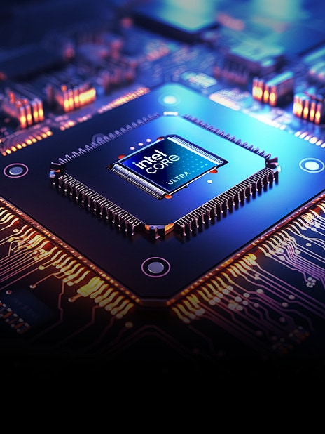 Nahaufnahme eines Intel Core Ultra-Prozessors, der in eine Hightech-Platine eingebettet ist. Der Chip ist von einem komplexen Schaltkreis mit leuchtenden orangen und blauen Lichtern umgeben, was eine futuristische und leistungsstarke ?sthetik erzeugt.