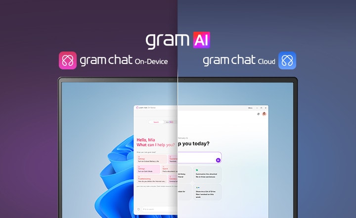 Ein Bild mit geteiltem Bildschirm, das ?gram AI“ mit zwei verschiedenen Modi zeigt: ?gram chat On-Device“ auf der linken Seite, dargestellt durch ein pinkfarbenes Symbol, und ?gram chat Cloud“ auf der rechten Seite, dargestellt durch ein blaues Symbol. Auf dem Bildschirm wird eine KI-Schnittstelle angezeigt, die eine nahtlose KI-Funktionalit?t in beiden Modi symbolisiert.
